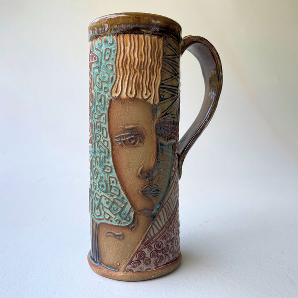 Art Deco Portrait Pottery Mug Coffee Cup Hand Made Textural Design Functional Tableware Microwave and Dishwasher 14 oz