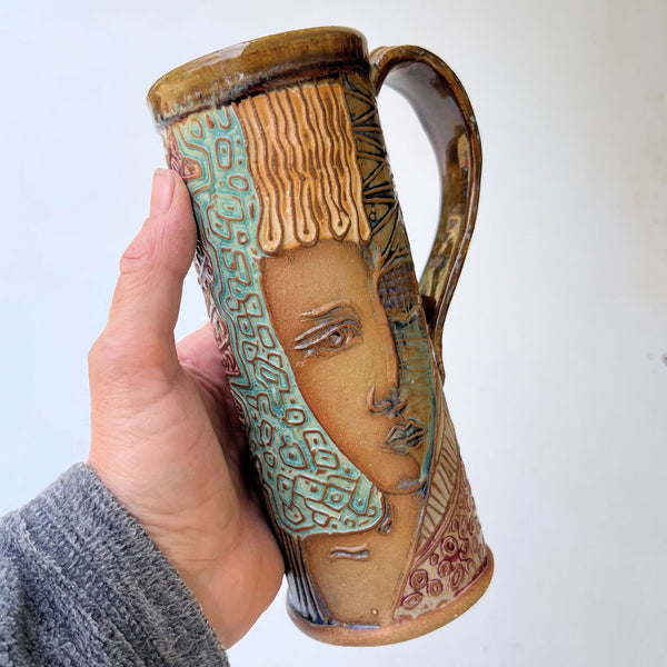 Art Deco Portrait Pottery Mug Coffee Cup Hand Made Textural Design Functional Tableware Microwave and Dishwasher 14 oz