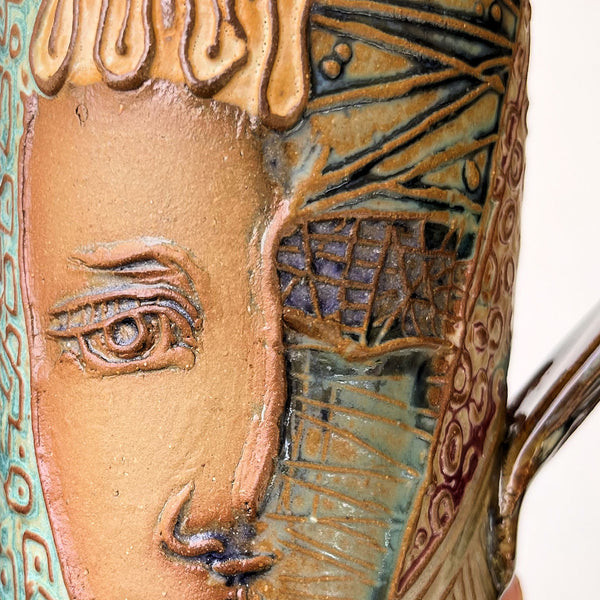 Art Deco Portrait Pottery Mug Coffee Cup Hand Made Textural Design Functional Tableware Microwave and Dishwasher 14 oz