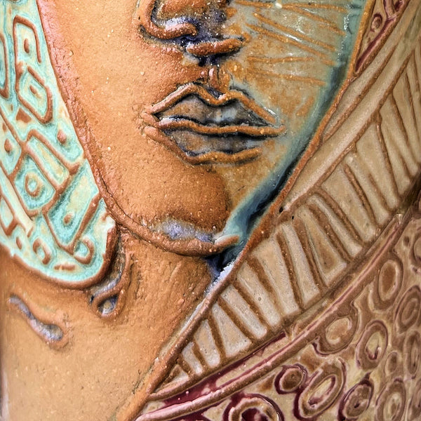 Art Deco Portrait Pottery Mug Coffee Cup Hand Made Textural Design Functional Tableware Microwave and Dishwasher 14 oz