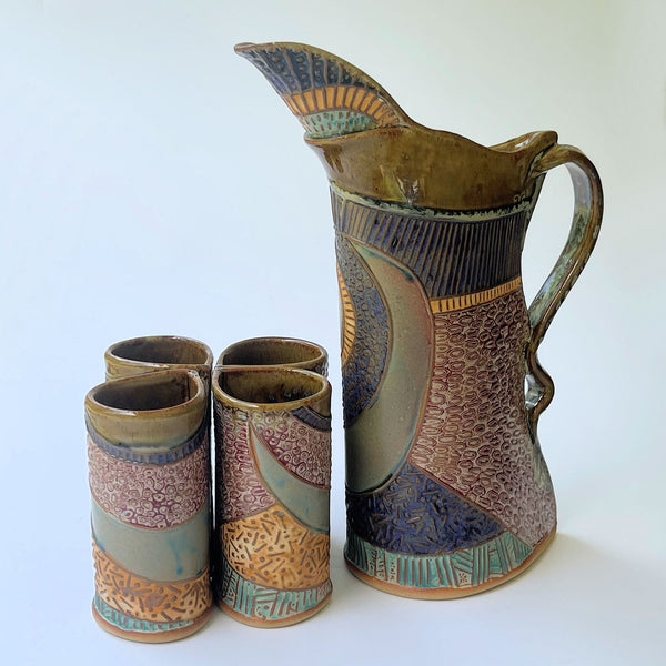 Abstract Pitcher Set with Four Tumblers, Pottery, Dishwasher Safe, Pottery, Ceramics