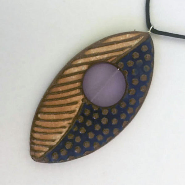 Blue and GoldClay Pendant Necklace with Sea Glass Bead