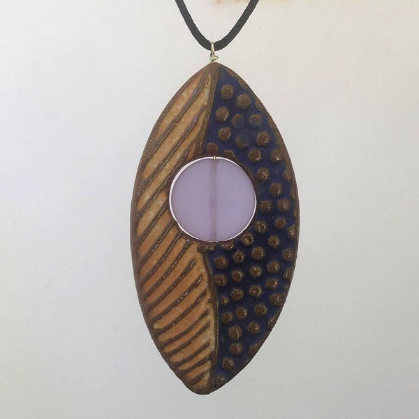 Blue and GoldClay Pendant Necklace with Sea Glass Bead