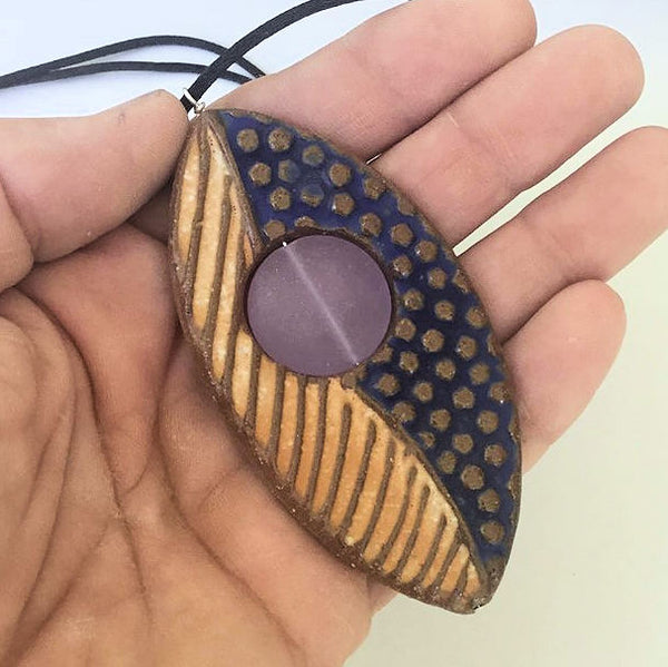 Blue and GoldClay Pendant Necklace with Sea Glass Bead