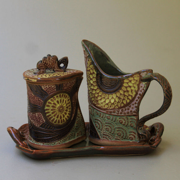 Cream and Sugar Set Sun Design Pottery Handmade Functional Tableware