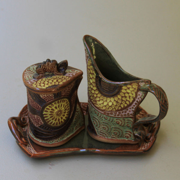 Cream and Sugar Set Sun Design Pottery Handmade Functional Tableware