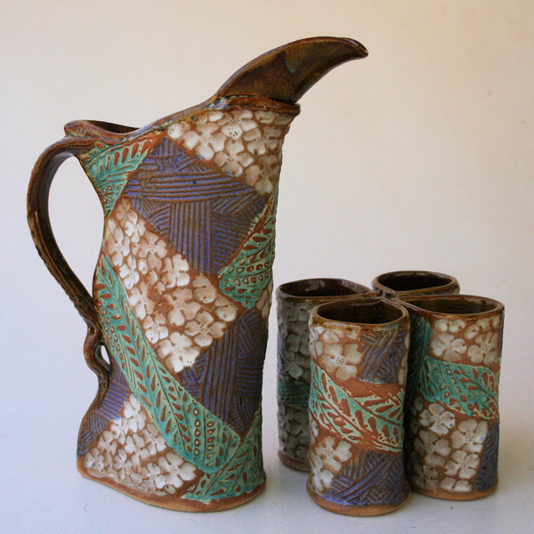 Dogwood Pitcher Set with Four Tumblers, Pottery, Dishwasher Safe, Pottery, Ceramics