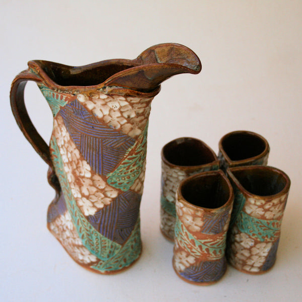 Dogwood Pitcher Set with Four Tumblers, Pottery, Dishwasher Safe, Pottery, Ceramics