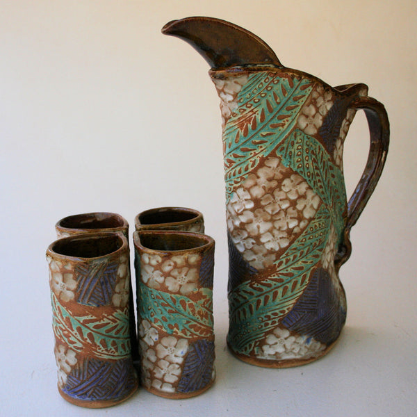 Dogwood Pitcher Set with Four Tumblers, Pottery, Dishwasher Safe, Pottery, Ceramics