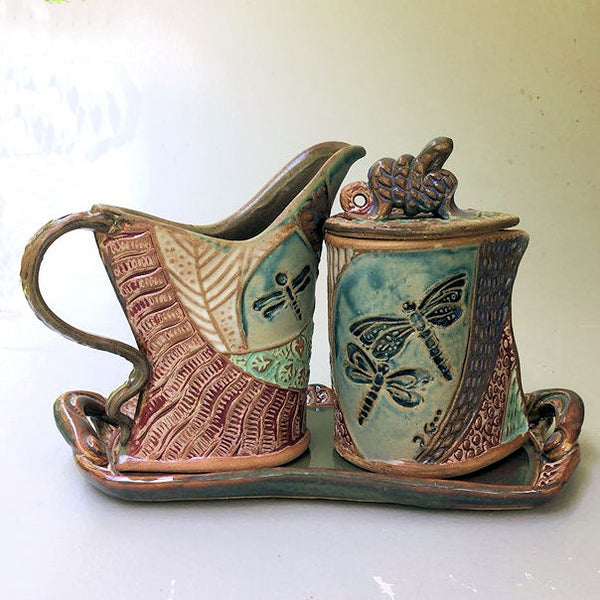 Dragonfly Cream and Set Pottery Handmade Functional Tableware