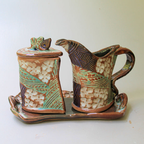 Cream and Sugar Set dogwood Design Pottery Handmade Functional Tableware