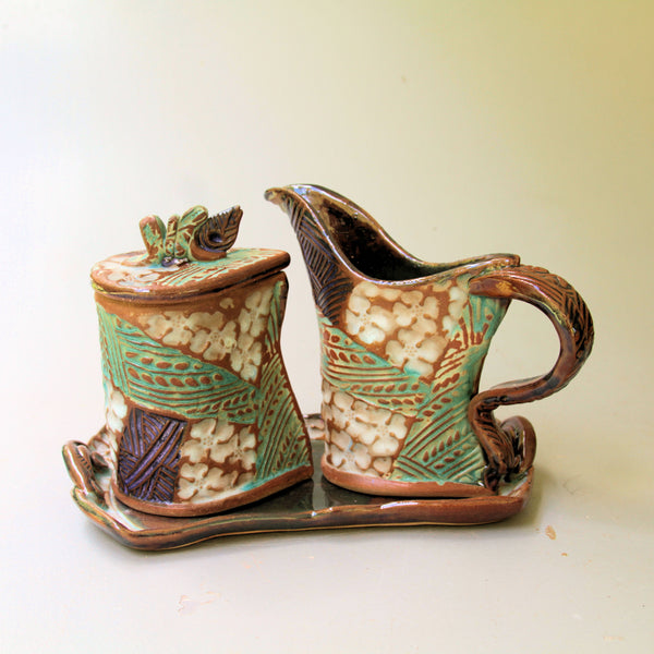 Cream and Sugar Set dogwood Design Pottery Handmade Functional Tableware