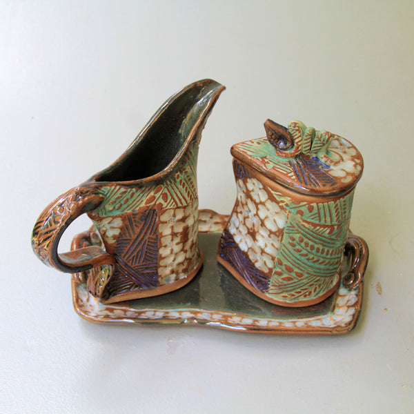 Cream and Sugar Set dogwood Design Pottery Handmade Functional Tableware