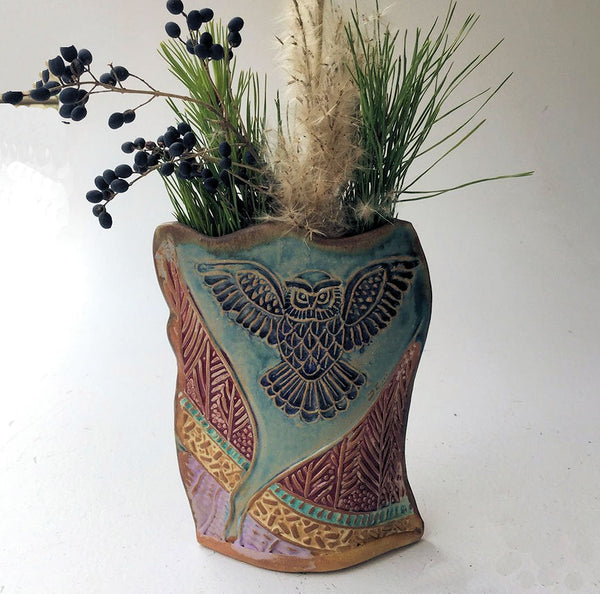 Owl Pottery Flower Vase Hand Made Clay Flower Holder