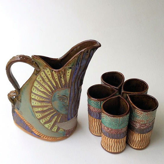 Sun & Moon Design with Five Tumblers, Pottery, Dishwasher Safe, Pottery, Ceramics