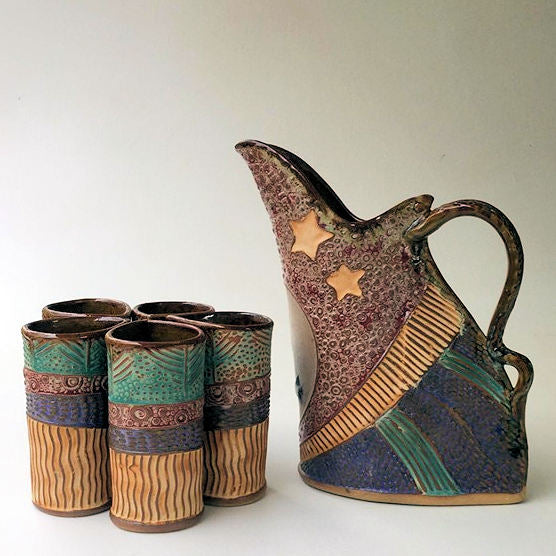 Sun & Moon Design with Five Tumblers, Pottery, Dishwasher Safe, Pottery, Ceramics