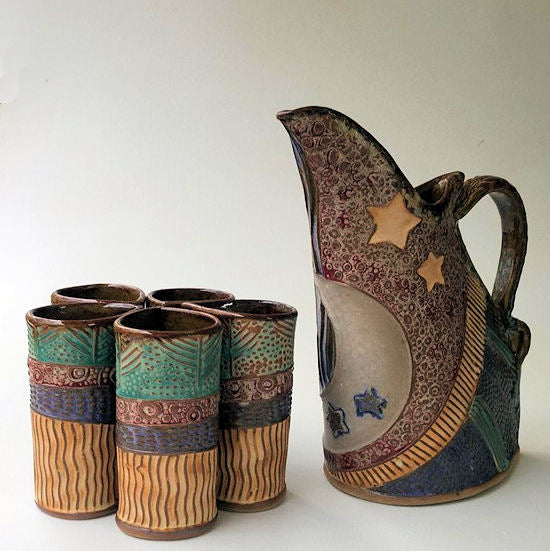 Sun & Moon Design with Five Tumblers, Pottery, Dishwasher Safe, Pottery, Ceramics