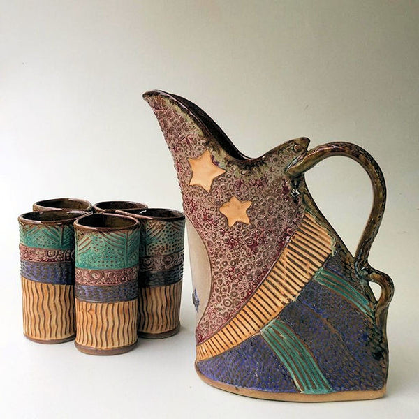 Sun & Moon Design with Five Tumblers, Pottery, Dishwasher Safe, Pottery, Ceramics