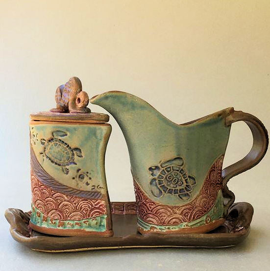 Cream and Sugar Set Sea Turtle Design Pottery Handmade Functional Tableware
