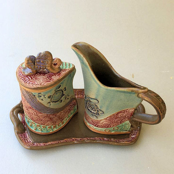 Cream and Sugar Set Sea Turtle Design Pottery Handmade Functional Tableware