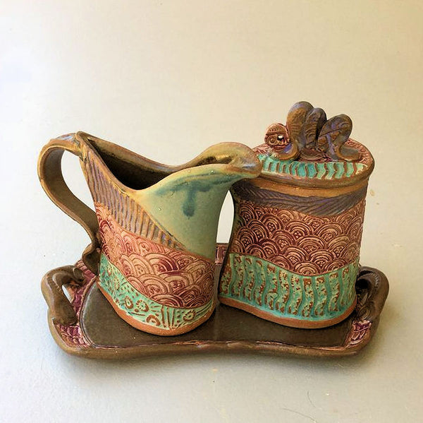 Cream and Sugar Set Sea Turtle Design Pottery Handmade Functional Tableware