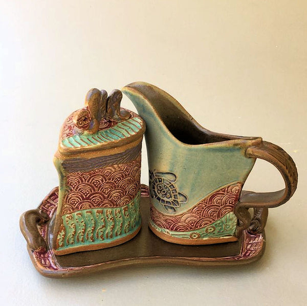 Cream and Sugar Set Sea Turtle Design Pottery Handmade Functional Tableware