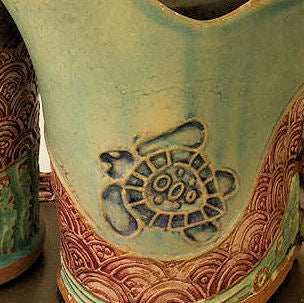 Cream and Sugar Set Sea Turtle Design Pottery Handmade Functional Tableware