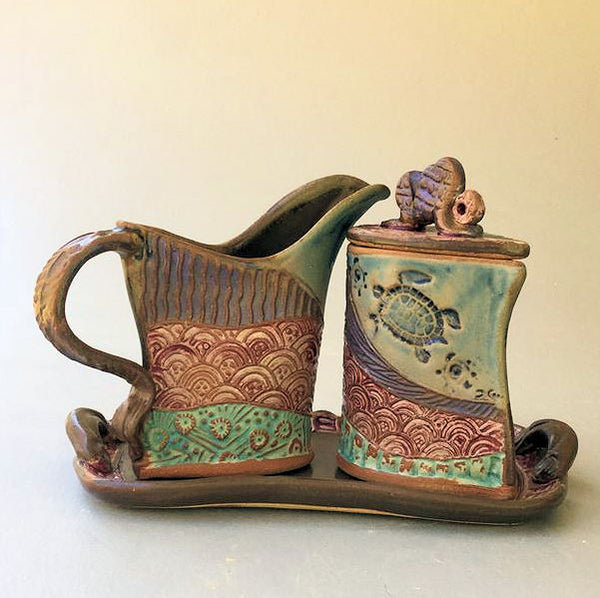 Cream and Sugar Set Sea Turtle Design Pottery Handmade Functional Tableware