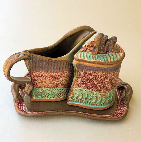 Cream and Sugar Set Sea Turtle Design Pottery Handmade Functional Tableware