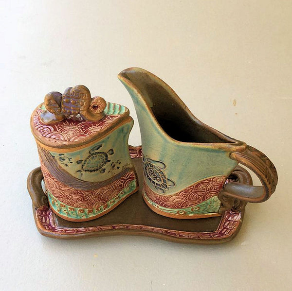 Cream and Sugar Set Sea Turtle Design Pottery Handmade Functional Tableware