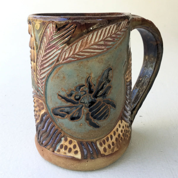 Bee Pottery Mug Coffee Cup Handmade Textural Design Functional Tableware  12 oz
