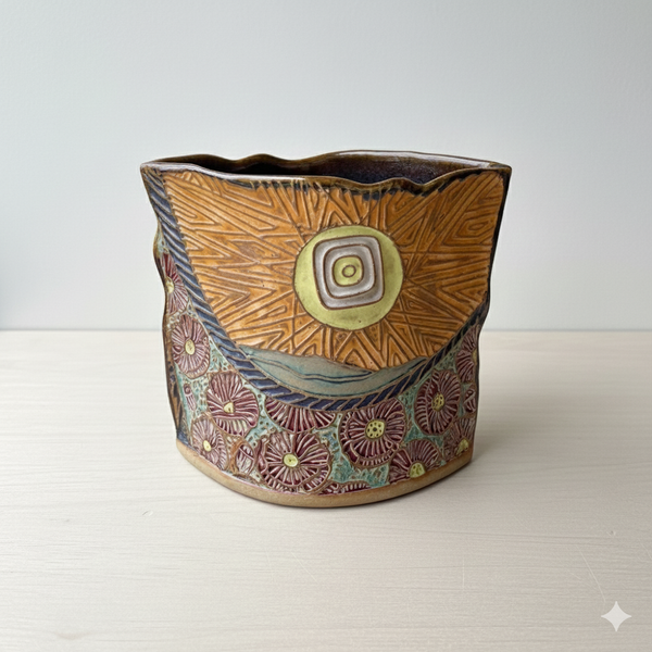 Flower Landscape Pottery Utensil holder or Flower Vase Hand Made Microwave and Dishwasher Safe