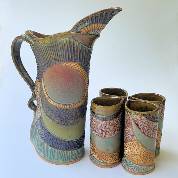 Abstract Pitcher Set with Four Tumblers, Pottery, Dishwasher Safe, Pottery, Ceramics