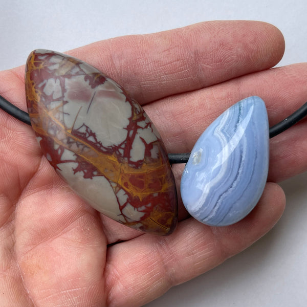 Noreena Jasper, Gem Silica and Blue Lace Agate Custom Cut Bead pendant