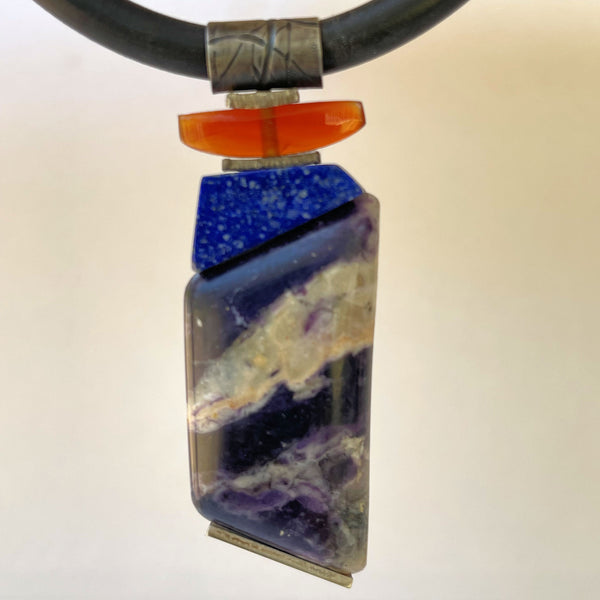 Morado Opal, Cherry Creek Jasper, Lapis Lazuli, Carnelian, Sterling Silver and Jewelers Bronze Pendant