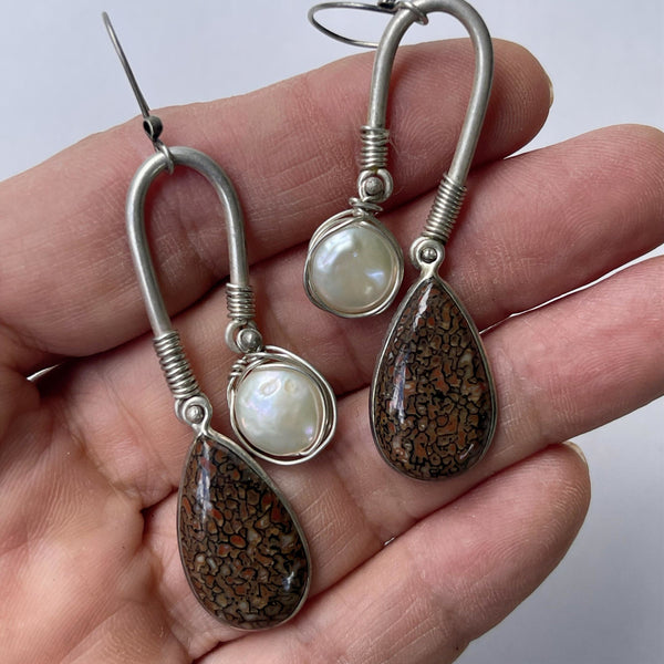 Dinosaur Bone and Pearl Sterling Silver Earrings