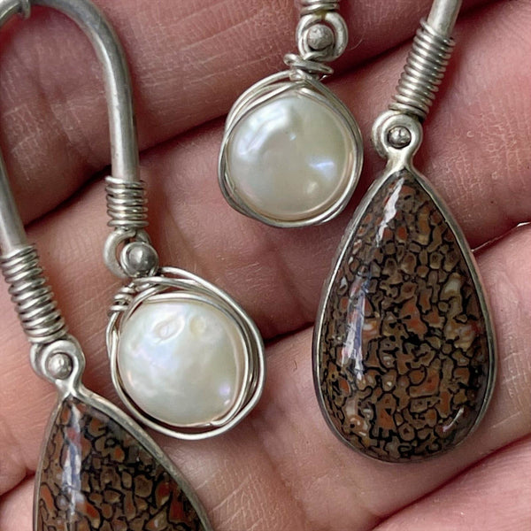 Dinosaur Bone and Pearl Sterling Silver Earrings