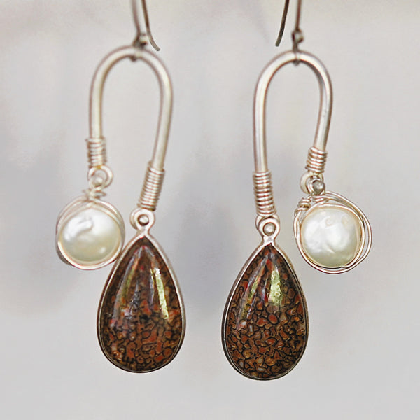 Dinosaur Bone and Pearl Sterling Silver Earrings