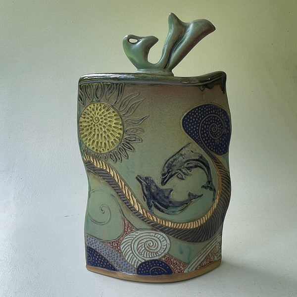 Dolphin Pottery Vessel with Lid