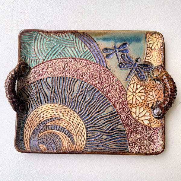 Dragonfly Rectangle Platter , Dish, Pottery, Clay, Hand made, Hand Built Textural Tray