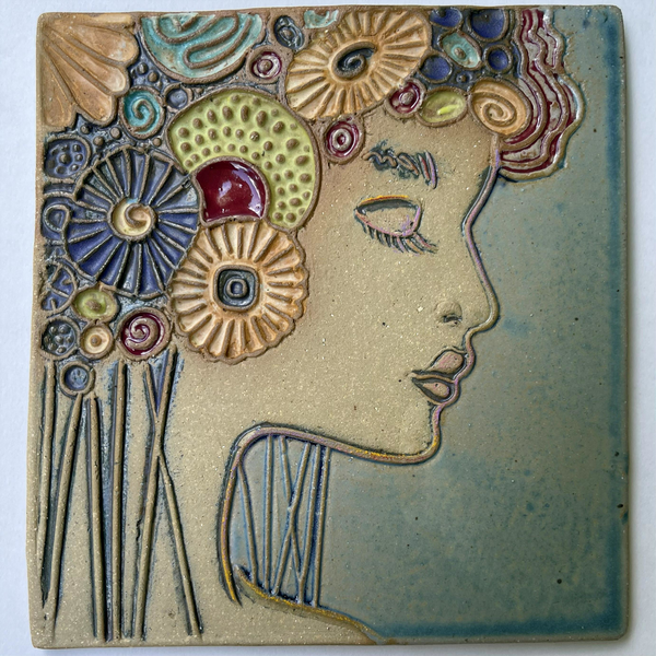 Portriat with Flowers – Ceramic Pottery Wall Tile