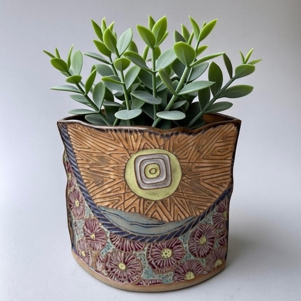 Flower Landscape Pottery Utensil holder or Flower Vase Hand Made Microwave and Dishwasher Safe