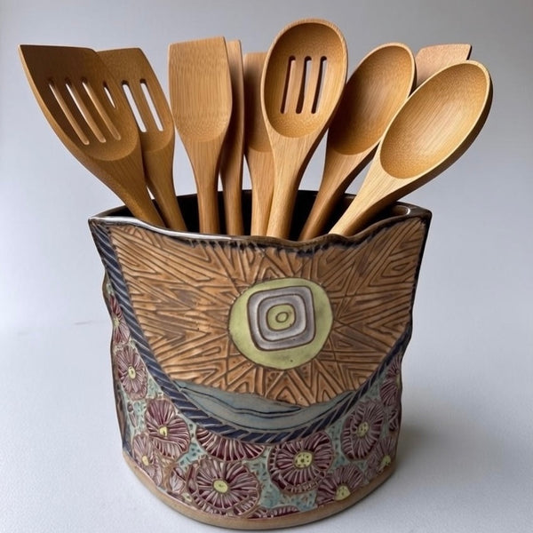 Flower Landscape Pottery Utensil holder or Flower Vase Hand Made Microwave and Dishwasher Safe