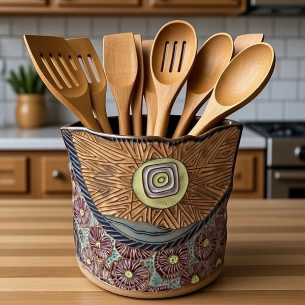 Flower Landscape Pottery Utensil holder or Flower Vase Hand Made Microwave and Dishwasher Safe