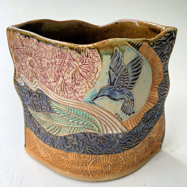 Hummingbird Pottery Utensil holder or Flower Vase Hand Made Microwave and Dishwasher Safe