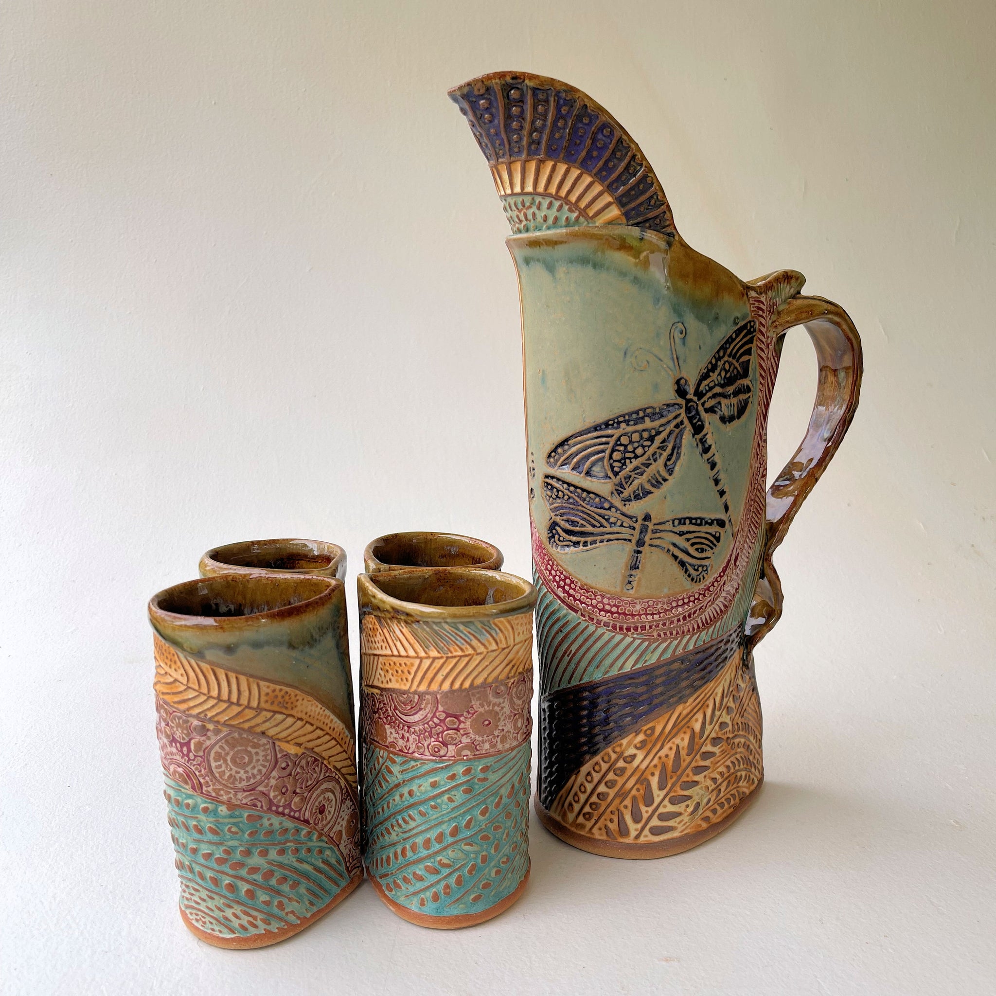 Dragonfly Pitcher Set with Four Tumblers, Pottery, Dishwasher Safe, Pottery, Ceramics