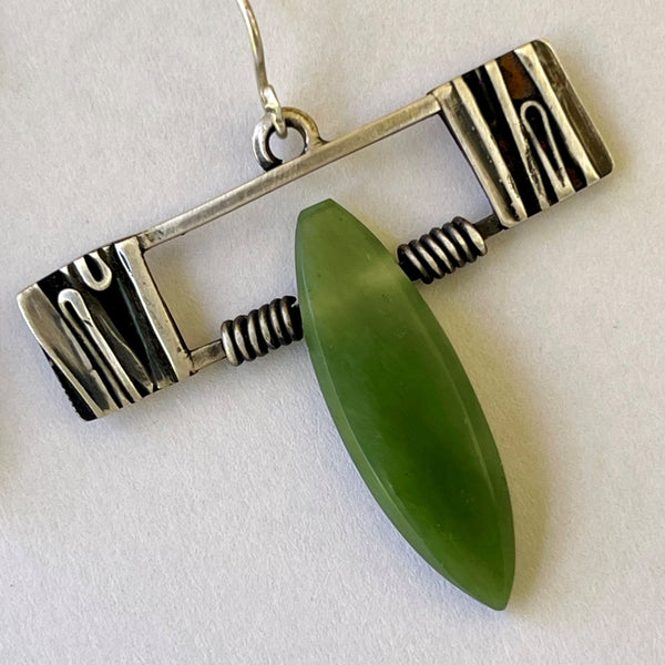 Custom Cut Jade Sterling Silver Earrings
