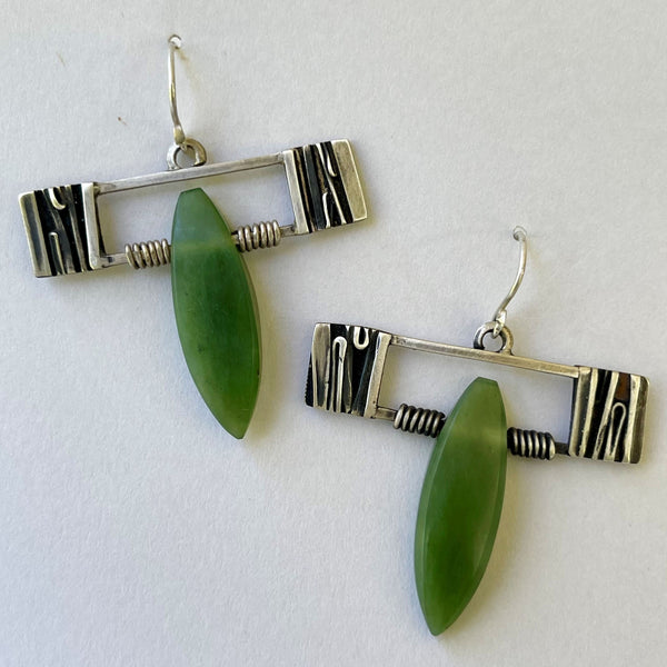 Custom Cut Jade Sterling Silver Earrings