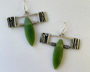 Custom Cut Jade Sterling Silver Earrings