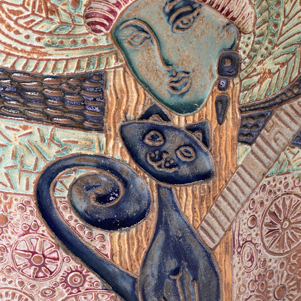 Handcrafted Lady with Cat Pottery Vase or Utensil Holder